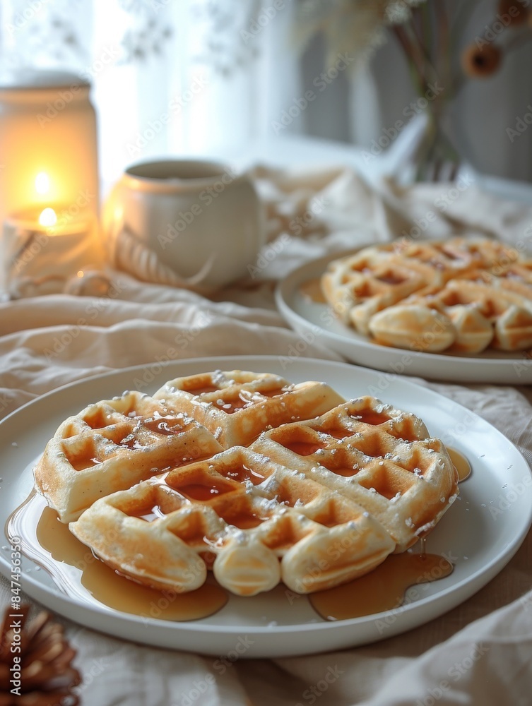 A delicious serving of waffles and syrup on a plate on a table with a linen tablecloth. A delicious serving of waffles and syrup on a plate on a table with a linen tablecloth.
