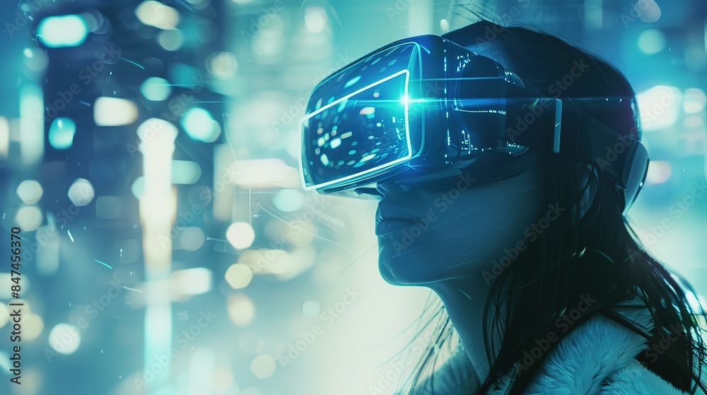 A Young Woman Embraces the Future, Immersed in a Virtual World Through VR Glasses A Young Woman Embraces the Future, Immersed in a Virtual World Through VR Glasses
