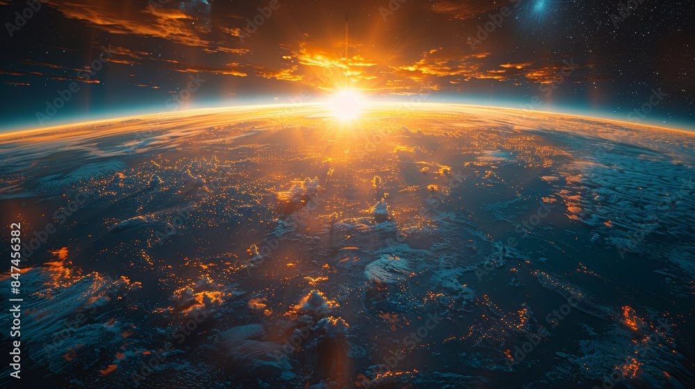 Stunning view of Earth's sunrise from space, highlighting the horizon, clouds, and atmospheric layers. Stunning view of Earth's sunrise from space, highlighting the horizon, clouds, and atmospheric layers.
