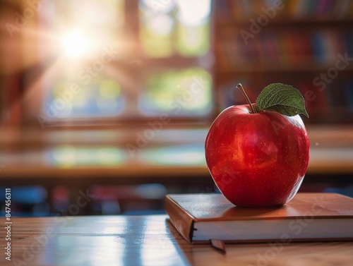 Red apple on teacher's desk with stack of books
