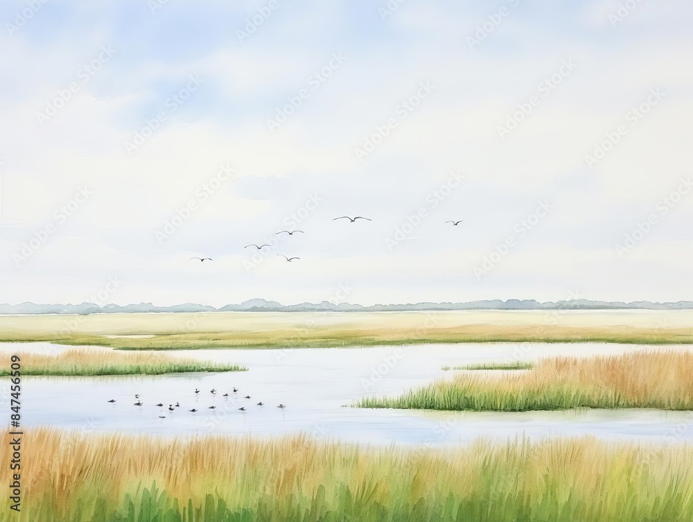 Peaceful wetland landscape with birds flying in the sky and ducks swimming in the water surrounded by tall grass on a cloudy day. Peaceful wetland landscape with birds flying in the sky and ducks swimming in the water surrounded by tall grass on a cloudy day.