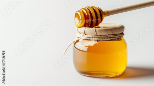 Clean and elegant honey display, minimalistic style, bright and light, isolated on a white background. 