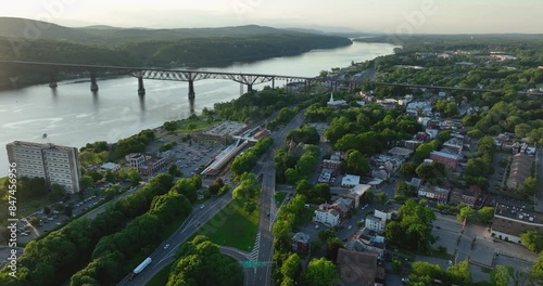 Late afternoon, spring, aerial video of Poughkeepsie NY.	