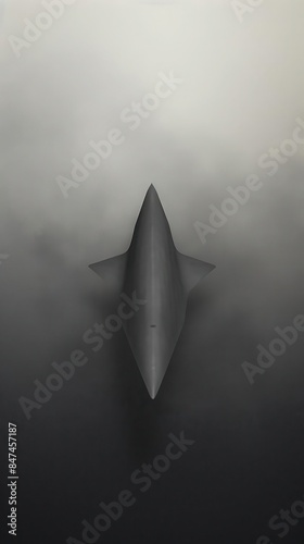 A sleek, modern aircraft emerges from thick clouds, creating a dramatic and mysterious scene of advanced aviation technology.