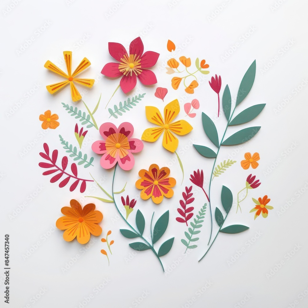 Colorful paper cut flowers and leaves on a white background, showcasing handmade artistic floral arrangement. Colorful paper cut flowers and leaves on a white background, showcasing handmade artistic floral arrangement.