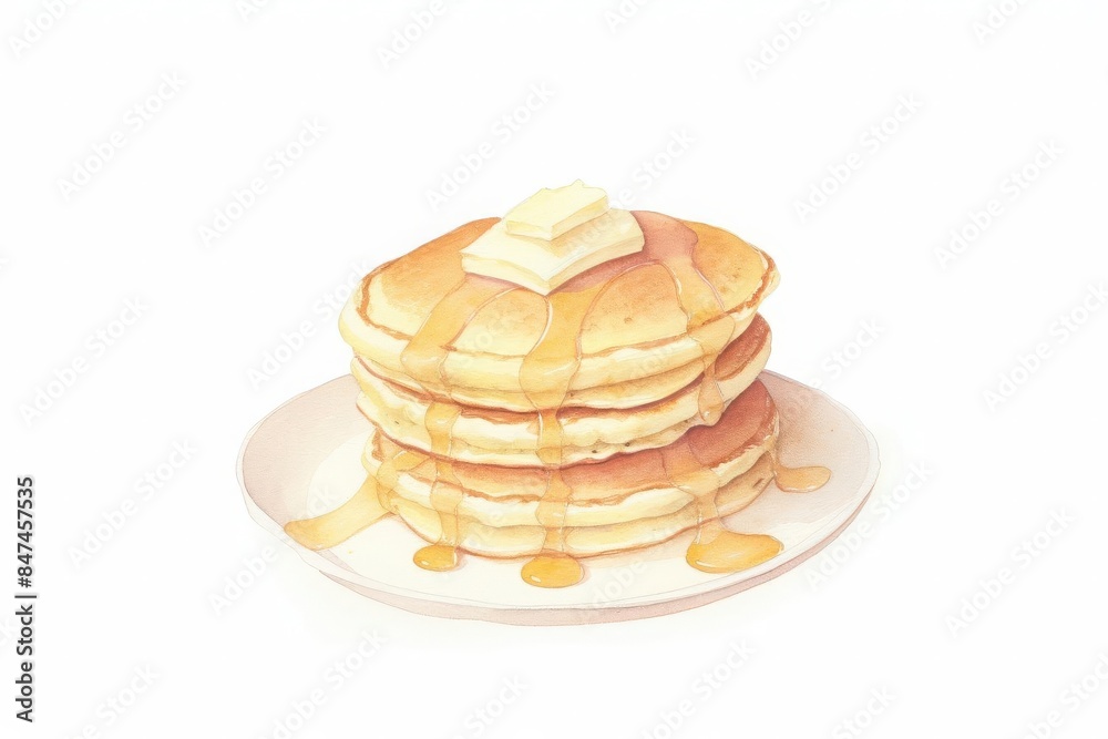 Stack of fluffy pancakes with butter and syrup on a white plate, perfect breakfast image for menus or food advertisements. Stack of fluffy pancakes with butter and syrup on a white plate, perfect breakfast image for menus or food advertisements.