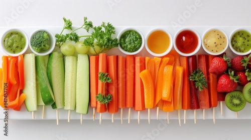Assorted vegetable platter with colorful vegetable sticks and various dips on a white background, perfect for healthy eating and party themes.