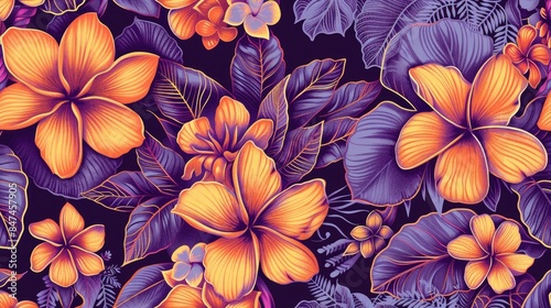 Pattern with large plumeria flowers in violet and orange colors Floral design for fabric and wallpaper with traditional paisley motif