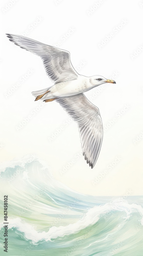 Obraz premium Illustration of a seagull gracefully flying over ocean waves, capturing the serenity and beauty of seaside nature.