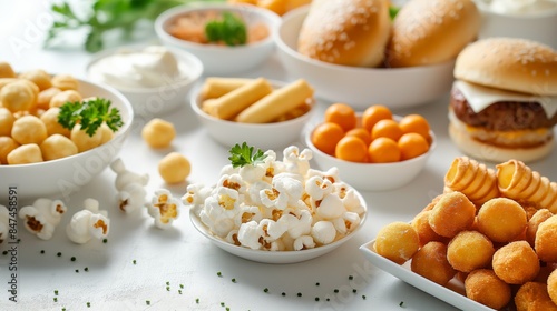 Featuring an array of popcorn, mini sliders, and cheese sticks arranged appealingly, the image highlights fun and variety.