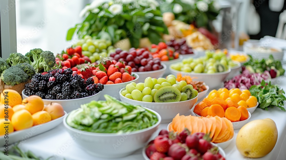 Bright and elegant mixed fruit and vegetable buffet setup, minimalistic style, isolated on a white background. Bright and elegant mixed fruit and vegetable buffet setup, minimalistic style, isolated on a white background.