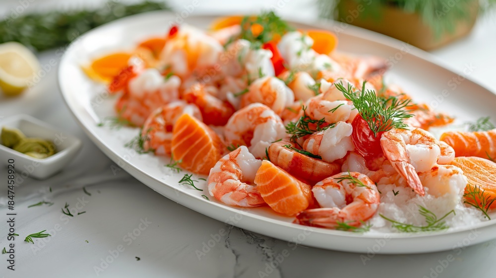 Platter of fresh shrimp and salmon with garnishes on a white background, perfect for culinary and gourmet themes. Platter of fresh shrimp and salmon with garnishes on a white background, perfect for culinary and gourmet themes.