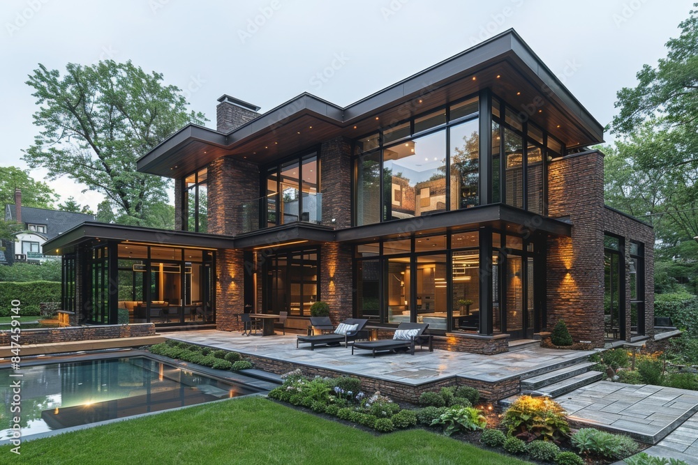 Contemporary industrial elegance in house exterior design with rugged textures and clean lines for a visually captivating facade Contemporary industrial elegance in house exterior design with rugged textures and clean lines for a visually captivating facade