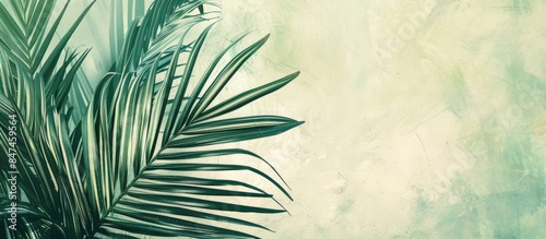 Vintage toned abstract green textured background with striped palm leaves © Lasvu