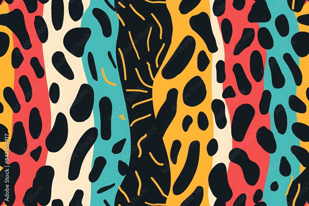 Colorful abstract pattern with bold shapes and vibrant colors, perfect for backgrounds or textile designs. Colorful abstract pattern with bold shapes and vibrant colors, perfect for backgrounds or textile designs.