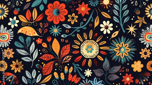 Colorful floral seamless pattern with bright flowers and leaves on a dark background, perfect for fabric, wallpaper, and gift wrapping paper.