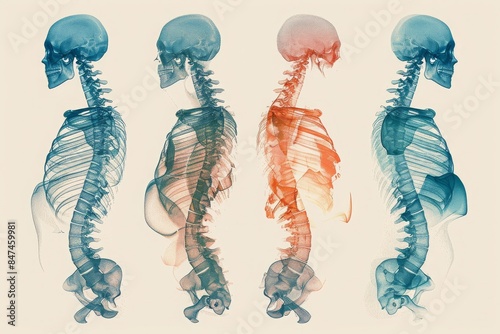 Composite X-ray image showing the human spine and skeleton in multiple angles, highlighting vertebral structure and posture.