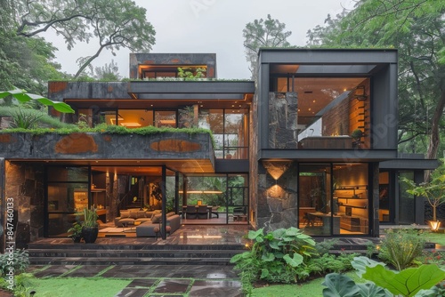 Industrial chic house exterior design with exposed concrete, metal fixtures, and geometric shapes for stylish functionality
