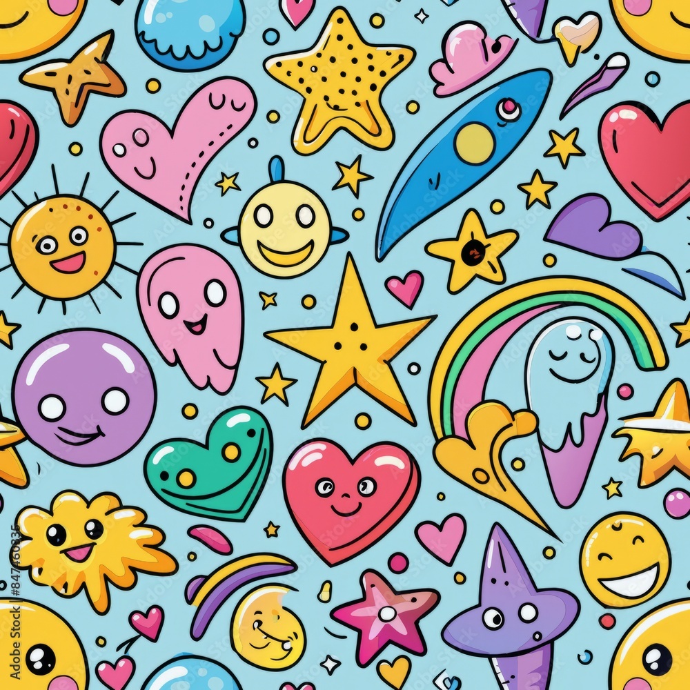Obraz premium Seamless pattern of whimsical doodles such as stars, hearts, and smiley faces, Generative AI