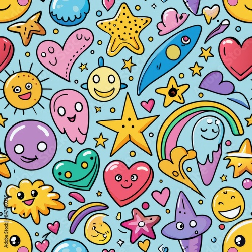 Seamless pattern of whimsical doodles such as stars, hearts, and smiley faces, Generative AI