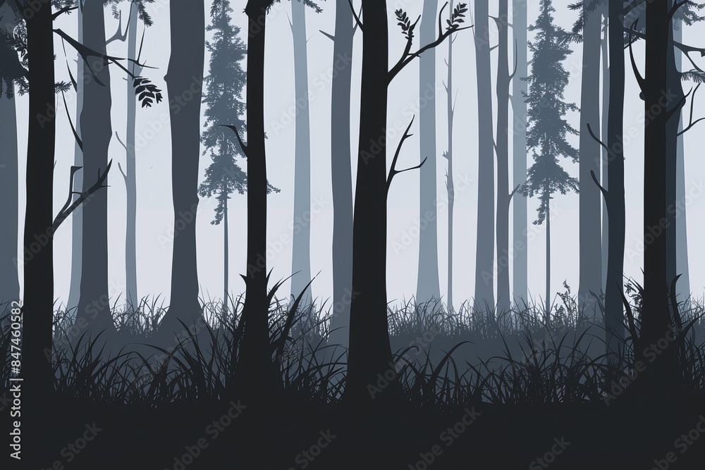 Obraz premium Mysterious misty forest with tall trees and dark shadows, perfect for creating a haunting and serene atmosphere.