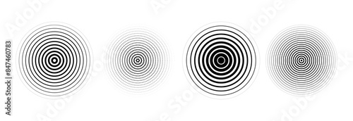 Black concentric circle set. Sonar or sound wave ring collection. Dotted and linear epicentre, target, radar icon concept. Ripple radial signal or vibration elements. Vector line and halftone symbols