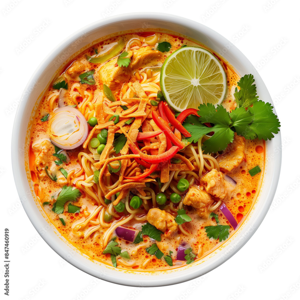 Khao Soi Soup with Chicken and Noodles. transparent background Khao Soi Soup with Chicken and Noodles. transparent background