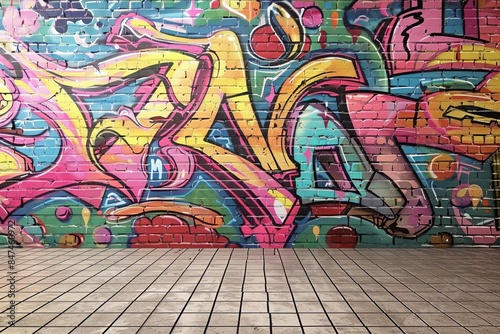 Vibrant graffiti art brick wall colorful patterns shapes, creating lively artistic urban scene.