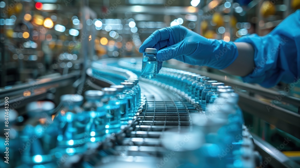 Technician in Lab Handling Blue Vials. Technician wearing blue gloves handling blue vials on an assembly line in a high-tech laboratory. Technician in Lab Handling Blue Vials. Technician wearing blue gloves handling blue vials on an assembly line in a high-tech laboratory.