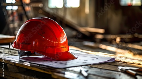 Construction Helmet with Blueprint on Table photo