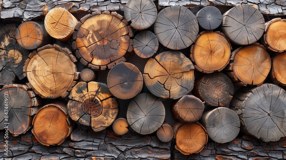 Stacked wooden logs with visible tree rings. Close-up of stacked wooden logs showing detailed tree rings and various textures in warm, earthy tones. Stacked wooden logs with visible tree rings. Close-up of stacked wooden logs showing detailed tree rings and various textures in warm, earthy tones.