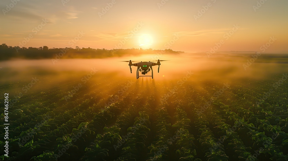 Agricultural drone spraying crops at sunrise. Agricultural drone in action spraying crops in a field at sunrise, showcasing modern farming technology and a misty morning atmosphere.