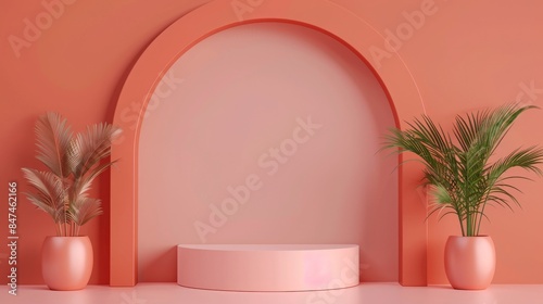 Elegant pink podium with archway and green plants, perfect for product display, presentations, and interior design inspirations.