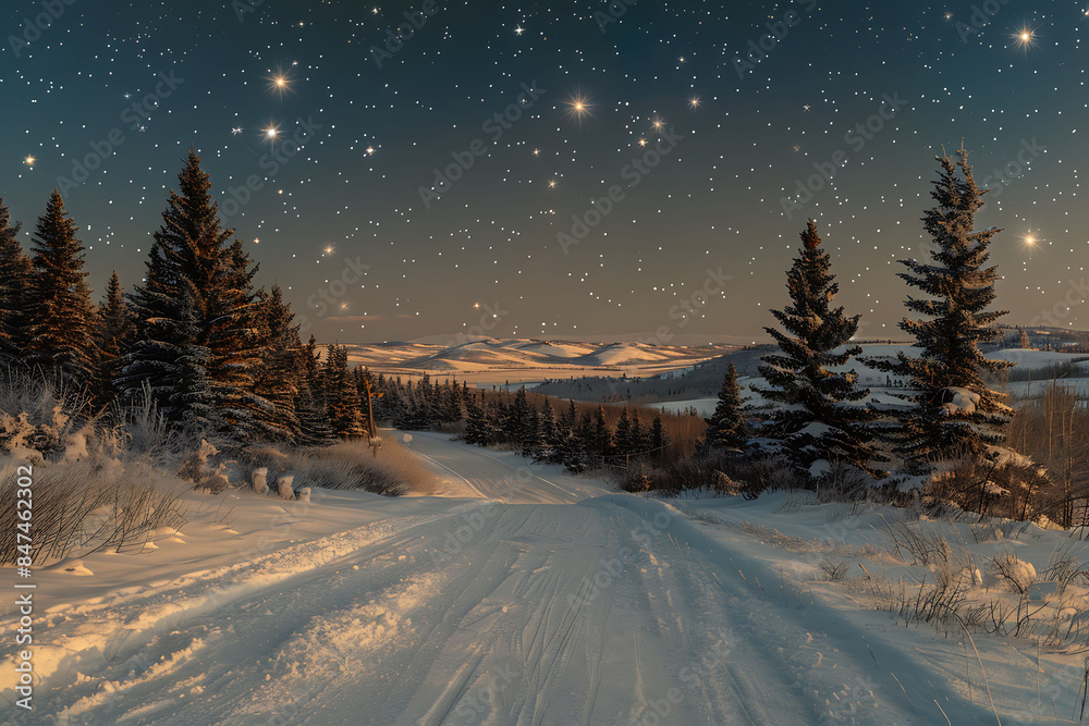 A snowy road winds through a pine forest under a starry night sky A snowy road winds through a pine forest under a starry night sky