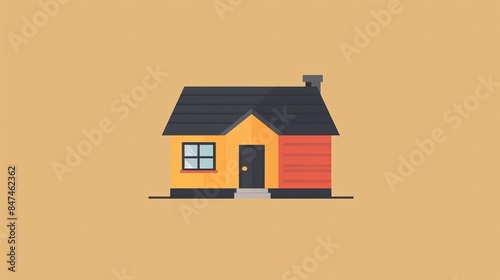 Minimalistic illustration of a small house with a chimney, black roof, and colorful walls on a beige background, perfect for real estate concepts.