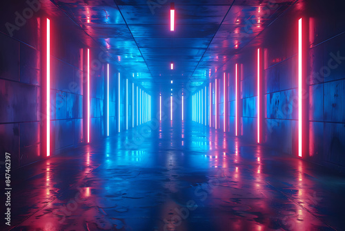 A long, dark corridor illuminated by glowing neon lights in pink and blue. The floor is wet and reflects the lights
