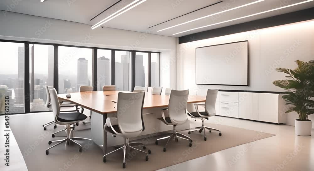 A modern office with large windows and empty poster frames A modern office with large windows and empty poster frames