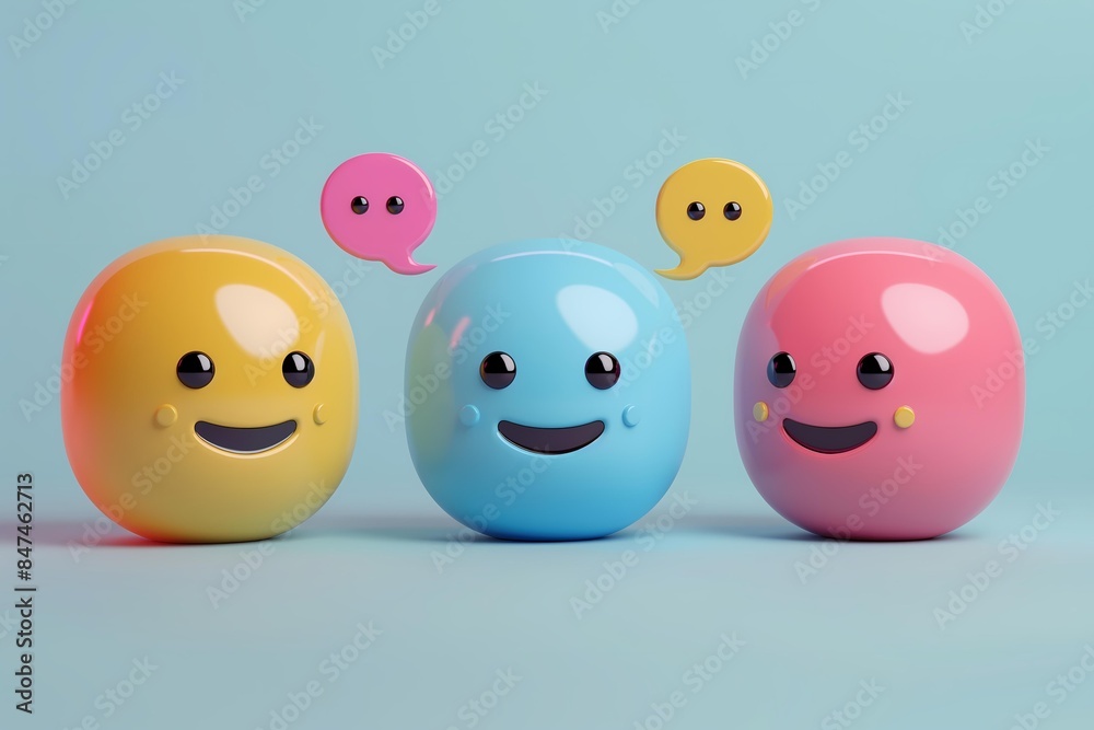 Cute Colorful Emojis Engaging in Fun Conversation on Pastel Background Cute Colorful Emojis Engaging in Fun Conversation on Pastel Background