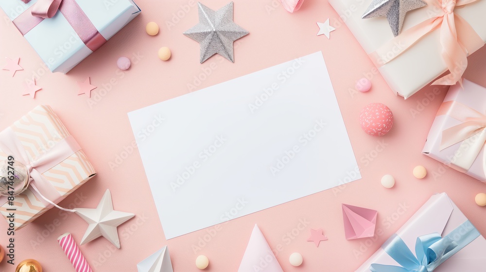 White card with empty space in the center, surrounded by various stars, bows and gift boxes. With copy space for text White card with empty space in the center, surrounded by various stars, bows and gift boxes. With copy space for text