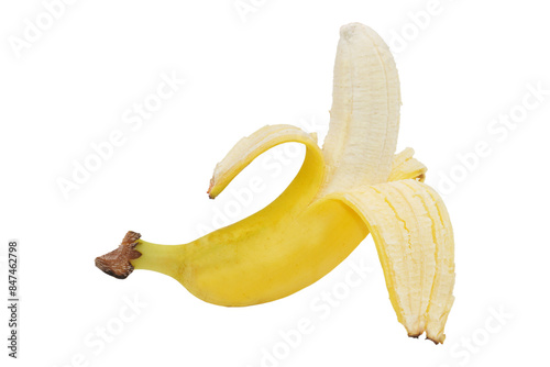 a half peeled of fresh ripe yellow banana isolated transparent