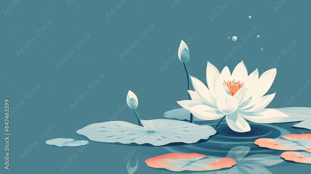 Elegant white lotus flower lily pads set against serene blue background, perfect relaxation nature themes. Elegant white lotus flower lily pads set against serene blue background, perfect relaxation nature themes.