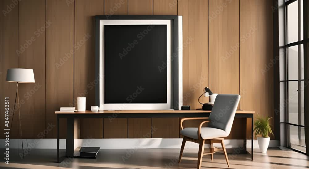 A modern office with large windows and empty poster frames