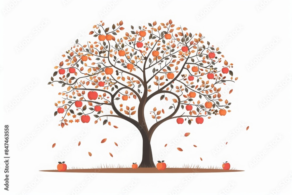 Fototapeta premium Illustration of an autumn tree with falling leaves and scattered pumpkins, capturing the essence of the fall season in a minimalist design.