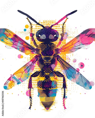 Colorful artistic illustration of a bee with vibrant abstract patterns and digital effects, creative and unique insect design.
