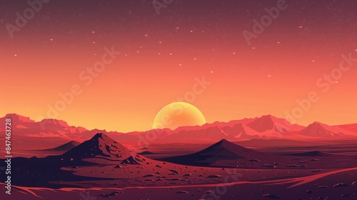 Surreal Martian landscape with red mountains and a setting sun, evoking the beauty and mystery of alien worlds at twilight. #847463728