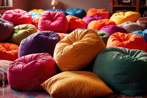 Comfortable colorful beanbags, stuffed cushion chairs for relaxing, in rainbow colors photo