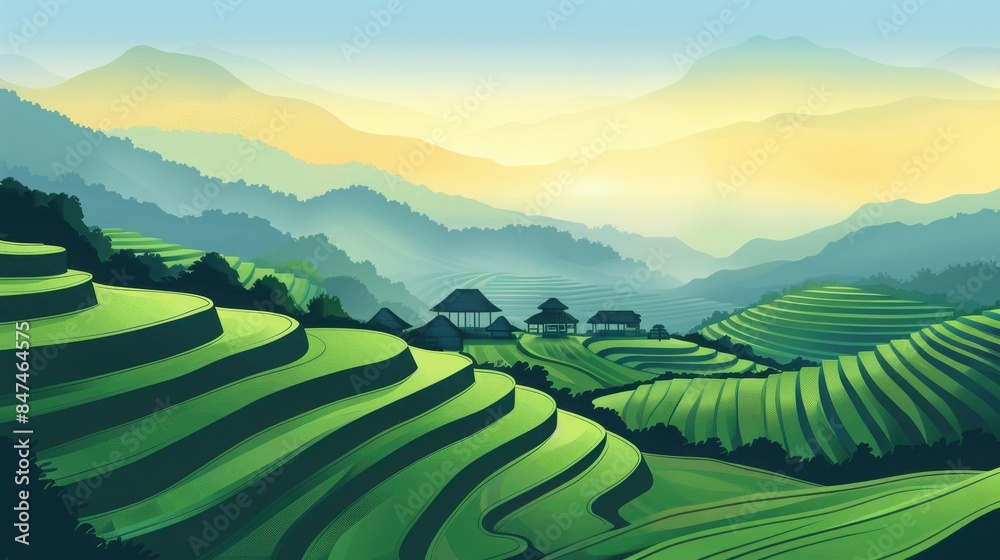 Beautiful mountain landscape with lush green terraced rice fields and traditional houses under a serene and vibrant sky at sunrise.