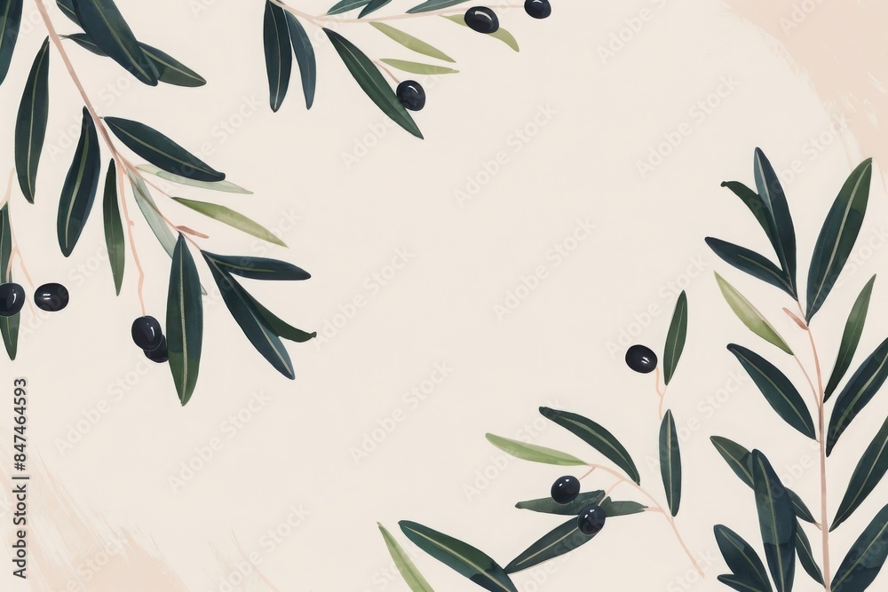 Obraz premium Botanical illustration of olive branches with leaves and black olives on a light background, ideal for design and decor projects.