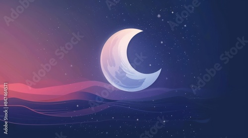 Beautiful crescent moon hanging over a dreamy night sky with waves in a surreal, calming atmosphere. photo