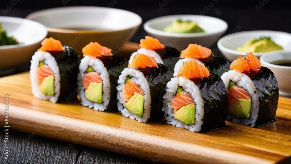 Simple Elegance, Wooden Sushi Board with Fish and Avocado Simple Elegance, Wooden Sushi Board with Fish and Avocado
